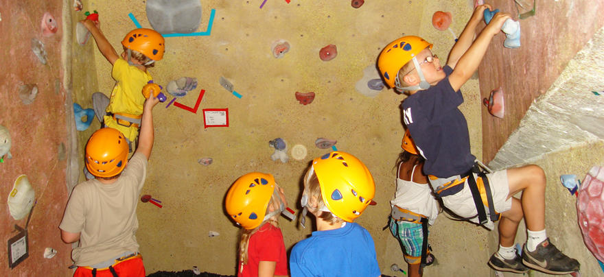 Children on a bouldering wall