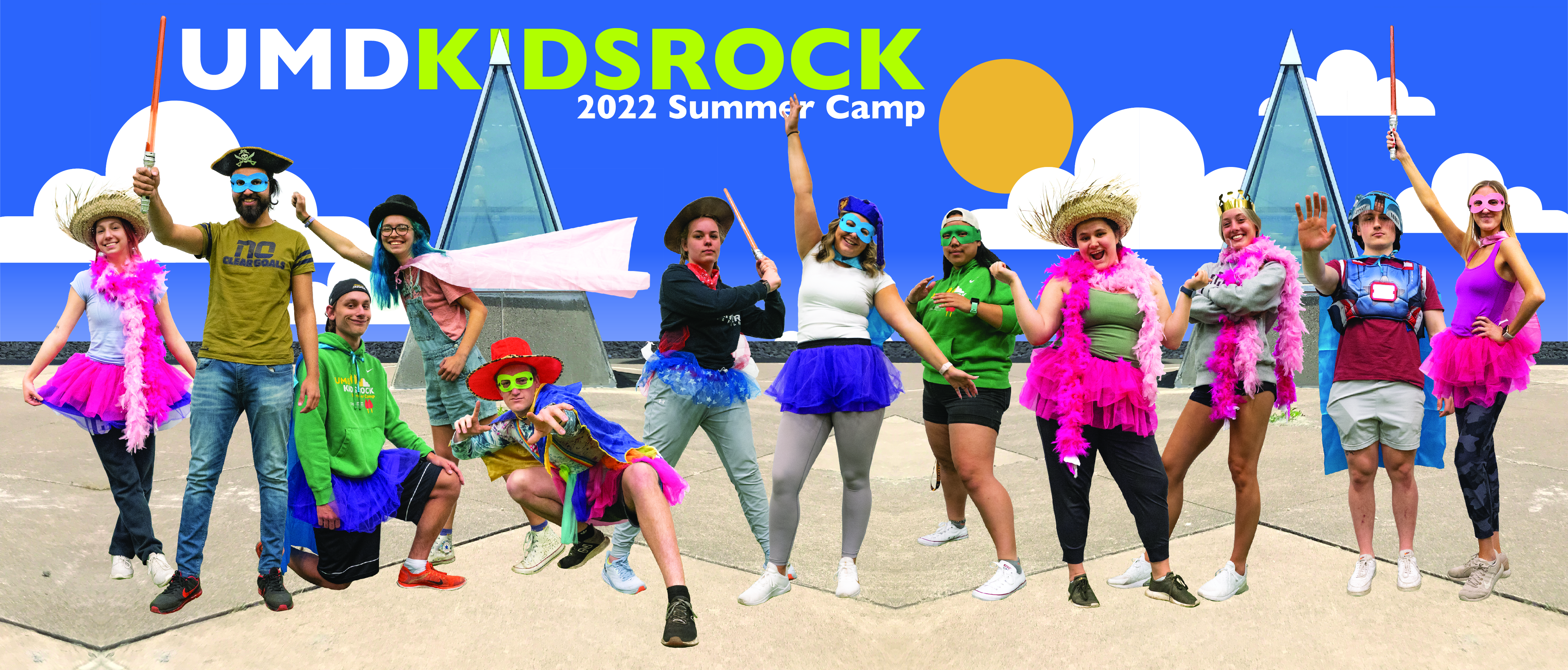 12 camp conselors wearing costumes text: UMDKIDSROCK 2022 Summer Camp